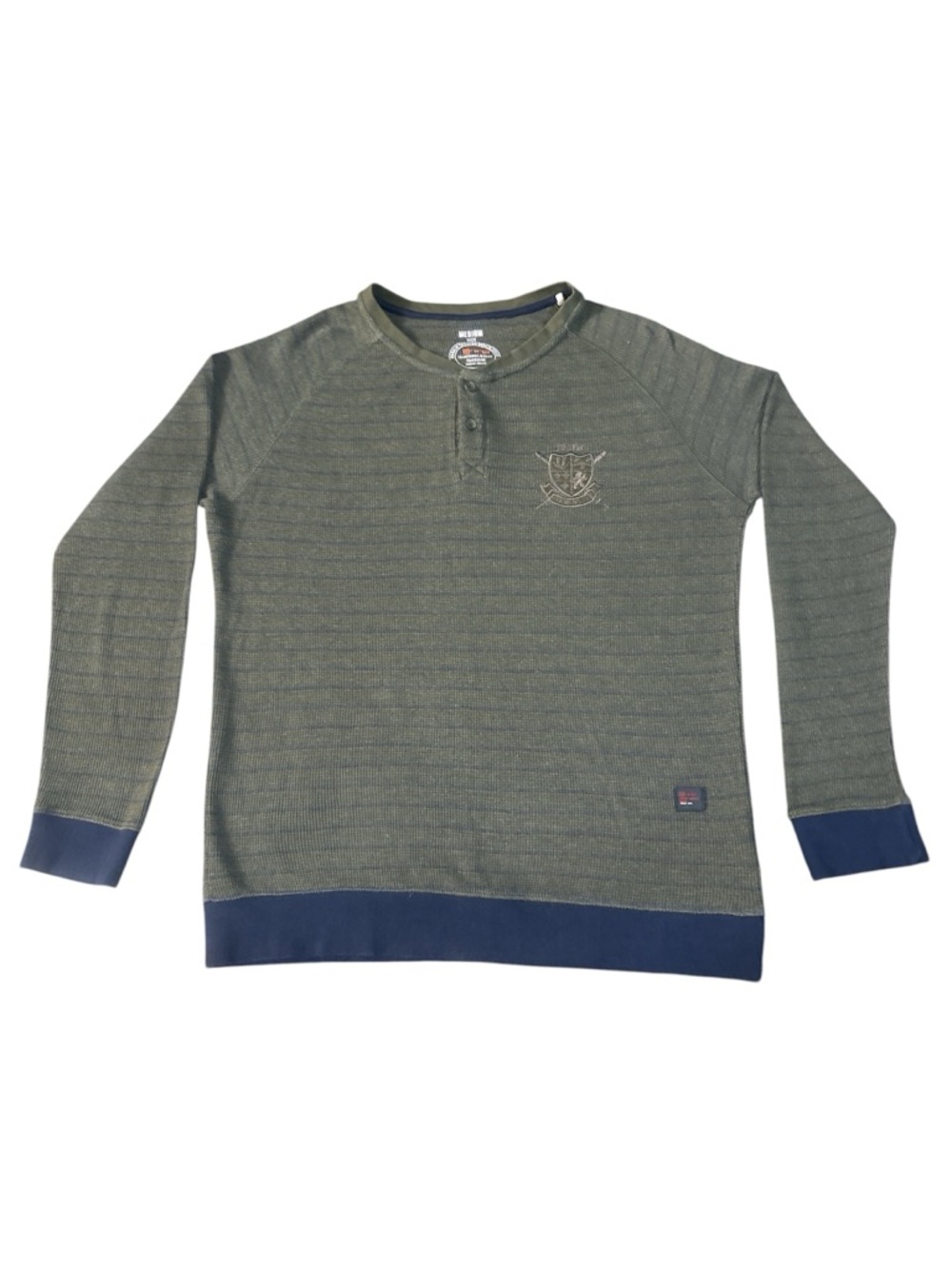 Prana Olive Green Crew Henley Sweater with Navy Trim